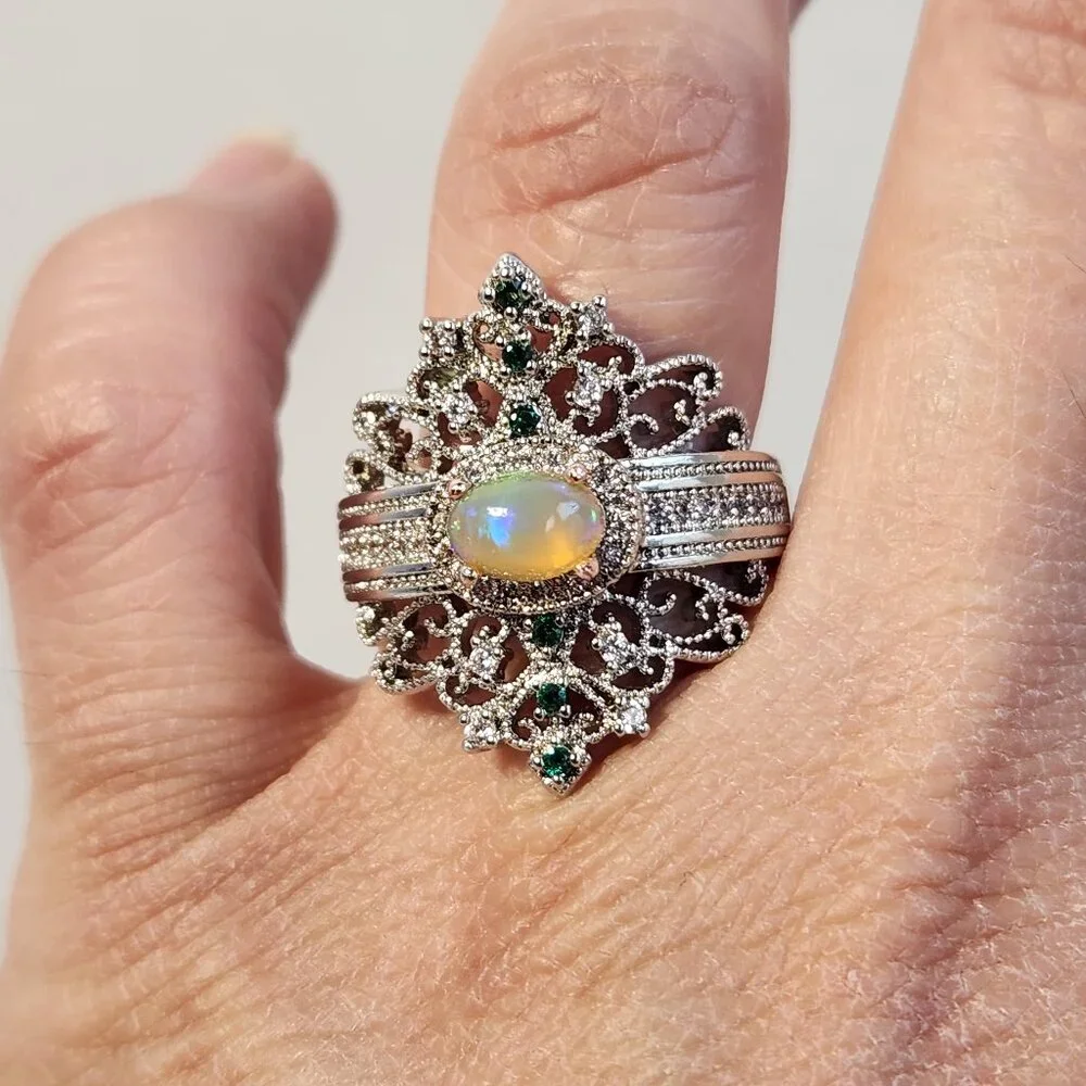 NIB 925 Art Deco Natural Opal & Tsavorite Accent Ornate Scroll Ring Sz 8.5 - Picture 10 of 12